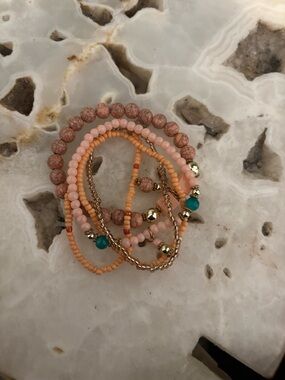 Stacked Peach & Teal Beaded Bracelet Set - Women Jewelry